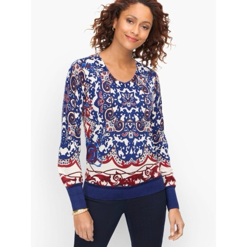 NWT Talbots Soft Merino Wool V-neck Sweater Medallion print warm 3X paisley new